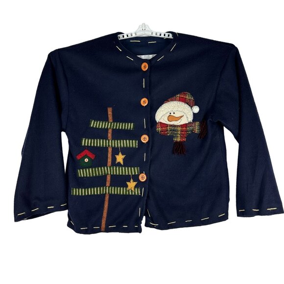 Vintage Christmas Cardigan With Snowman & Tree Design - One Size Fits Most - Picture 1 of 3